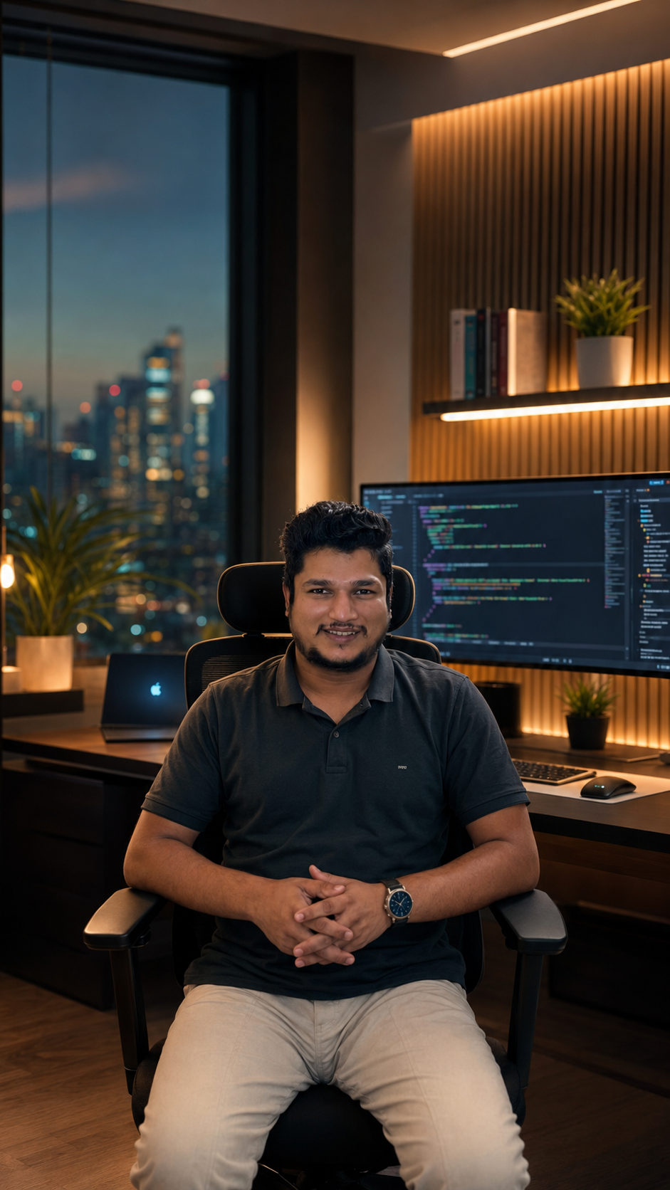 Software engineer home office overlooking the city