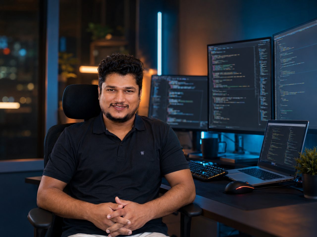 Saurabh Shukla at multi-monitor development workstation with code on screen