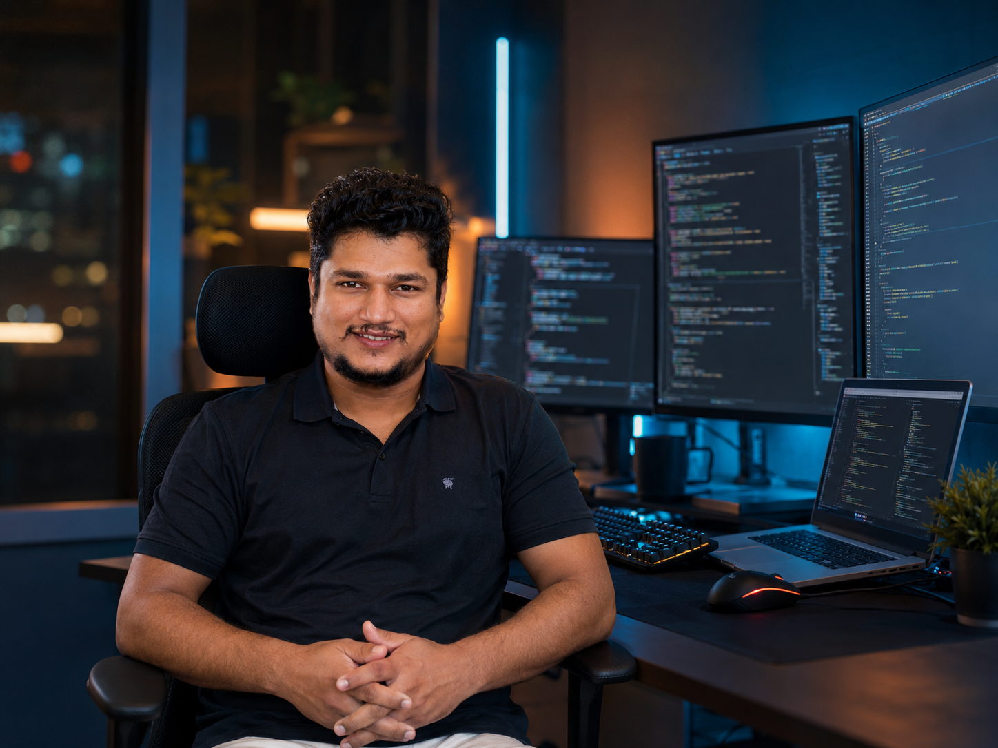 Saurabh Shukla at multi-monitor development workstation with code on screen