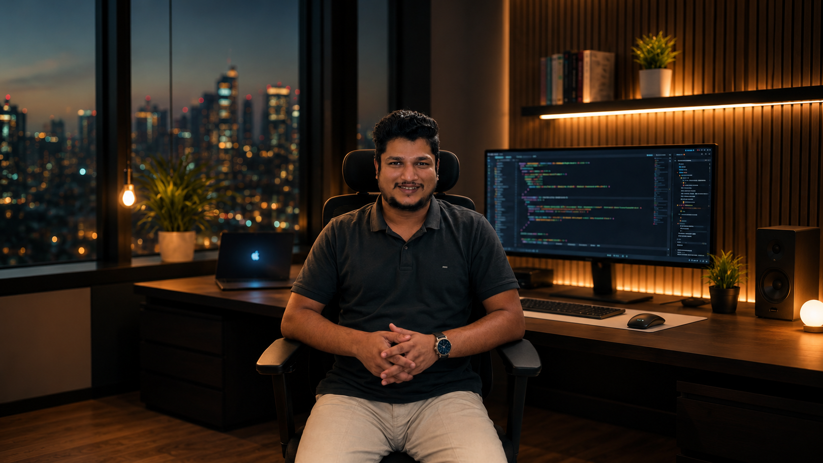 Full stack developer workspace with city skyline at night