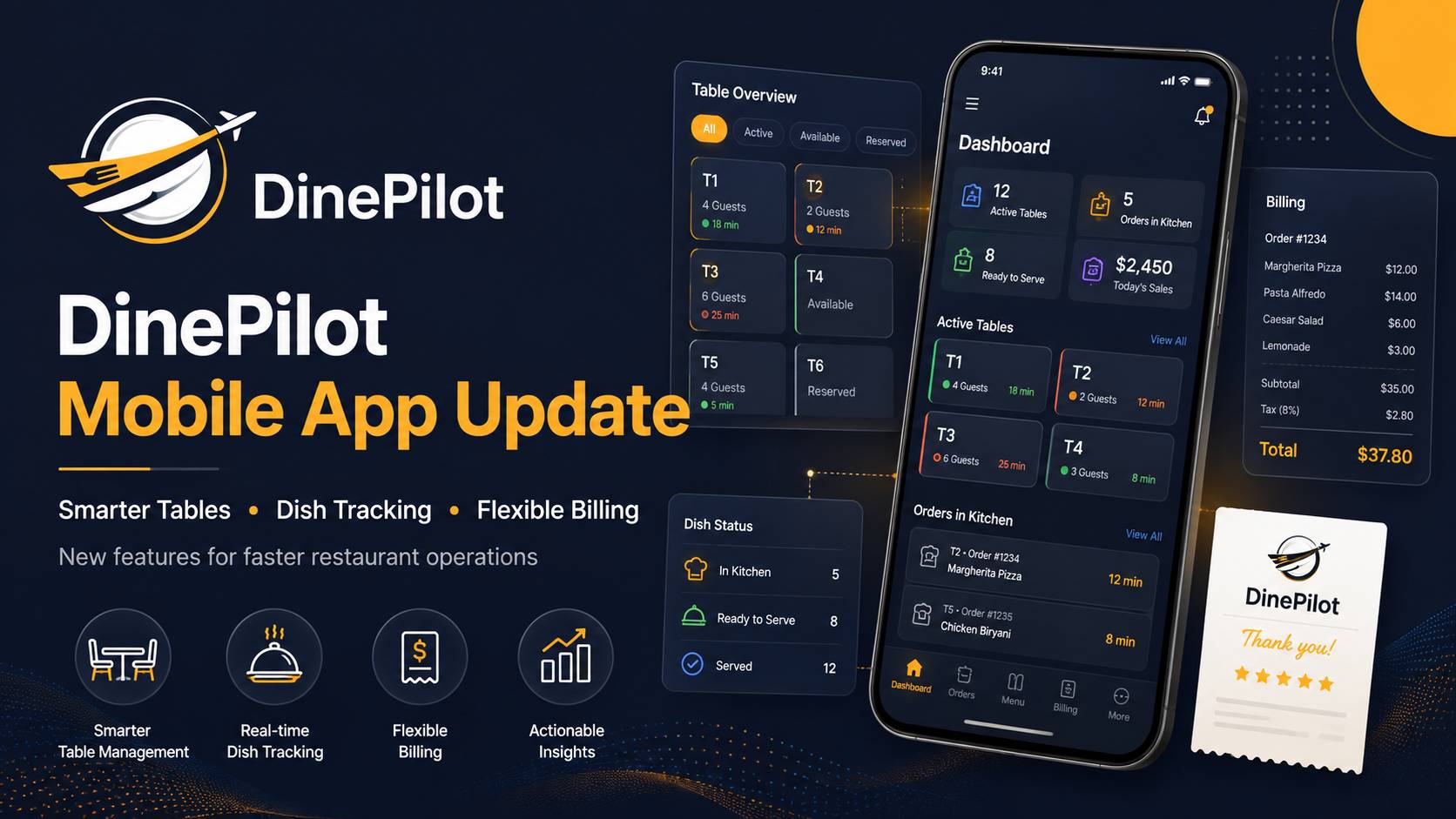 DinePilot Mobile App Update: Smarter Table Management, Dish-Level Tracking and Flexible Billing